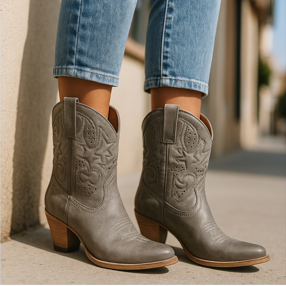 Very Volitile gray faux cowgirl boots! Stitched shaft & decorative studs!
